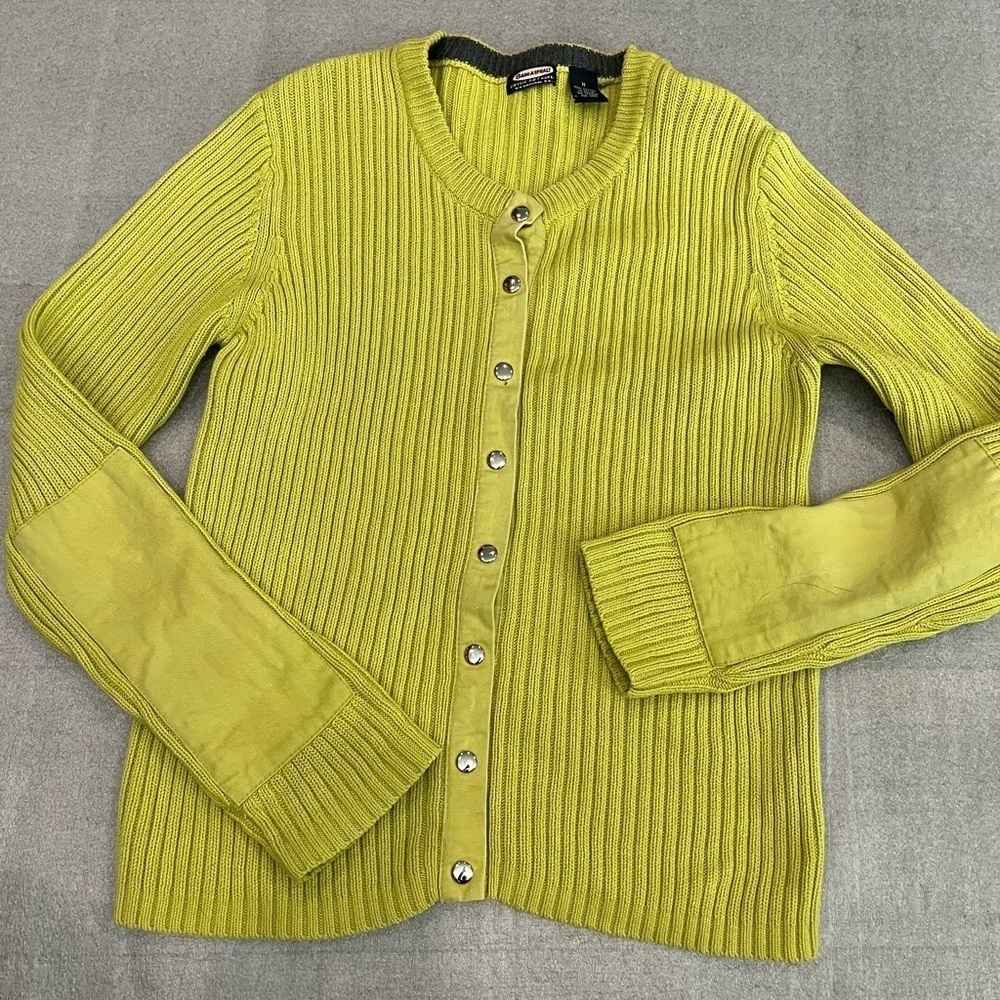 [M]Asphalt Lime Ribbed Knit Cardigan Silver Tone Snap Button-Up Elbow Patch